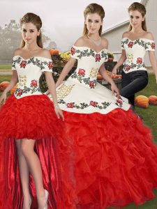Fabulous Off The Shoulder Sleeveless Lace Up 15 Quinceanera Dress White And Red Organza