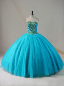 Blue Tulle Lace Up 15 Quinceanera Dress Sleeveless Floor Length Beading