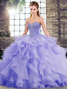Ideal Lavender Sleeveless Tulle Brush Train Lace Up 15 Quinceanera Dress for Military Ball and Sweet 16 and Quinceanera