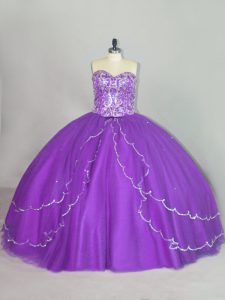 Fantastic Purple Ball Gowns Tulle Sweetheart Sleeveless Beading and Sequins Lace Up Quinceanera Dress Brush Train