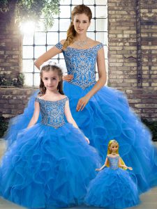 High Class Sleeveless Tulle Brush Train Lace Up Quinceanera Gown in Blue with Beading and Ruffles