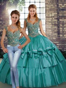 Flirting Straps Sleeveless Lace Up Quince Ball Gowns Teal Taffeta
