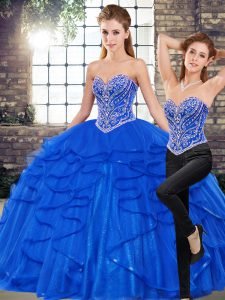 Royal Blue Sleeveless Floor Length Beading and Ruffles Lace Up Quinceanera Gowns