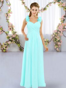 Luxurious Sleeveless Chiffon Floor Length Lace Up Quinceanera Court of Honor Dress in Aqua Blue with Hand Made Flower