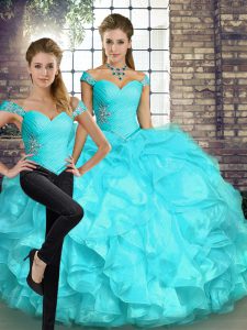 Designer Floor Length Aqua Blue Quinceanera Gown Organza Sleeveless Beading and Ruffles