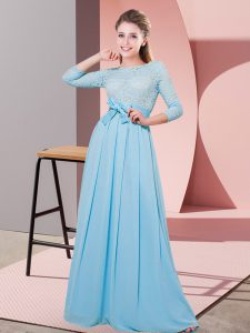 Trendy Scoop 3 4 Length Sleeve Side Zipper Quinceanera Court of Honor Dress Baby Blue Chiffon