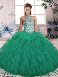 Edgy Turquoise Ball Gowns Halter Top Sleeveless Tulle Floor Length Lace Up Beading and Ruffles Quinceanera Gowns