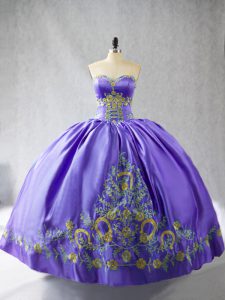 Modest Purple Satin Lace Up 15th Birthday Dress Sleeveless Floor Length Embroidery