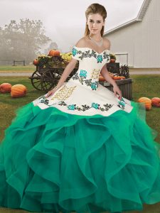 Turquoise Off The Shoulder Neckline Embroidery and Ruffles Sweet 16 Dresses Sleeveless Lace Up