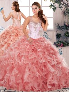 Watermelon Red Sleeveless Floor Length Beading and Ruffles Clasp Handle 15 Quinceanera Dress