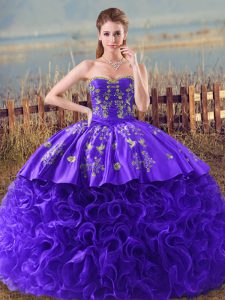 Classical Sweetheart Sleeveless Brush Train Lace Up Quince Ball Gowns Purple Fabric With Rolling Flowers