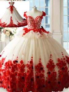 Tulle Scoop Sleeveless Brush Train Zipper Hand Made Flower 15th Birthday Dress in White And Red
