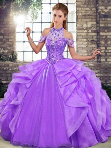 Decent Floor Length Lace Up Quinceanera Dress Lavender for Military Ball and Sweet 16 and Quinceanera with Beading and Ruffles