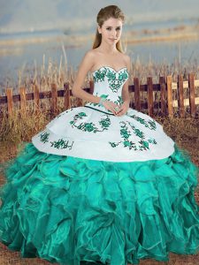 Custom Fit Sweetheart Sleeveless 15 Quinceanera Dress Floor Length Embroidery and Ruffles and Bowknot Turquoise Organza