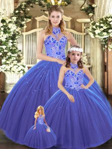 Extravagant Halter Top Sleeveless Lace Up Quinceanera Gown Blue Tulle