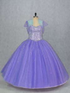 Best Lavender Ball Gowns Sweetheart Sleeveless Tulle Floor Length Lace Up Beading Quinceanera Gowns