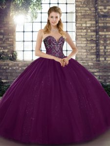 Sleeveless Floor Length Beading Lace Up 15 Quinceanera Dress with Dark Purple
