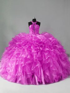 Perfect Halter Top Sleeveless Quinceanera Gown Brush Train Beading and Ruffles Lilac Organza