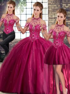 Beauteous Tulle Halter Top Sleeveless Brush Train Lace Up Beading Quinceanera Gowns in Fuchsia