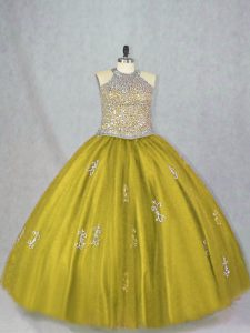 Olive Green Sleeveless Tulle Lace Up Quince Ball Gowns for Sweet 16 and Quinceanera