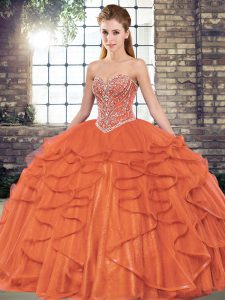 Customized Sleeveless Floor Length Beading and Ruffles Lace Up Vestidos de Quinceanera with Rust Red