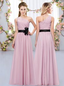 Fabulous Empire Quinceanera Dama Dress Pink One Shoulder Chiffon Sleeveless Floor Length Zipper