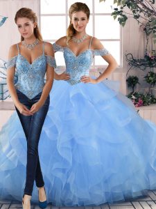 Traditional Tulle Off The Shoulder Sleeveless Lace Up Beading and Ruffles Sweet 16 Dress in Blue