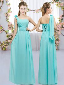 Excellent Chiffon One Shoulder Sleeveless Lace Up Hand Made Flower Dama Dress for Quinceanera in Aqua Blue