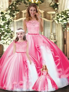 Luxurious Hot Pink Ball Gowns Scoop Sleeveless Tulle Floor Length Clasp Handle Lace and Ruffles Sweet 16 Quinceanera Dress