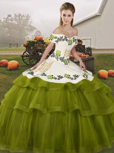 Lace Up 15th Birthday Dress Olive Green for Military Ball and Sweet 16 and Quinceanera with Embroidery and Ruffled Layers Brush Train