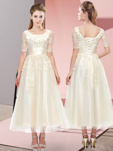 Delicate Short Sleeves Tea Length Beading and Lace Lace Up Quinceanera Court of Honor Dress with Champagne