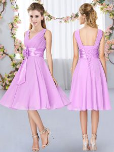 Empire Damas Dress Lilac V-neck Chiffon Sleeveless Knee Length Lace Up