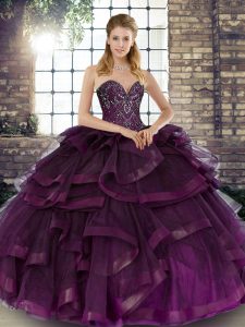 Latest Dark Purple Tulle Lace Up Sweetheart Sleeveless Floor Length Quinceanera Dresses Beading and Ruffles