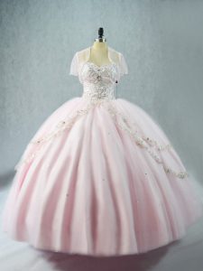 Pink Ball Gowns Tulle Sweetheart Sleeveless Beading Floor Length Lace Up Quince Ball Gowns