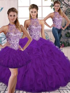Pretty Halter Top Sleeveless Lace Up Quinceanera Gowns Purple Tulle
