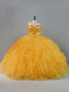 Gold Lace Up 15 Quinceanera Dress Beading and Ruffles Sleeveless Floor Length
