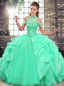 Clearance Floor Length Apple Green Quinceanera Gown Halter Top Sleeveless Lace Up