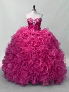 Hot Pink Ball Gowns Ruffles and Sequins Sweet 16 Dress Lace Up Organza Sleeveless Floor Length