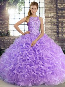 Sleeveless Floor Length Beading Lace Up Quince Ball Gowns with Lavender
