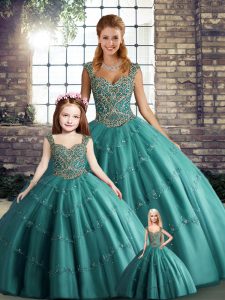Teal Tulle Lace Up Straps Sleeveless Floor Length Ball Gown Prom Dress Beading and Appliques