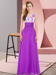 Shining Floor Length Purple Dama Dress for Quinceanera Chiffon Sleeveless Appliques