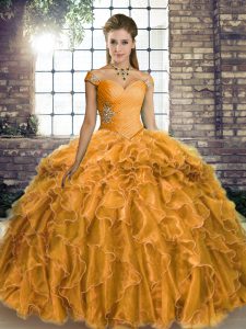 Sweet Gold Sweet 16 Dresses Military Ball and Sweet 16 and Quinceanera with Beading and Ruffles Off The Shoulder Sleeveless Brush Train Lace Up