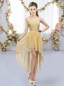 Custom Fit Gold Empire Beading Quinceanera Court Dresses Lace Up Chiffon Sleeveless High Low