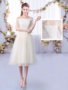 Affordable Champagne Quinceanera Dama Dress Wedding Party with Lace Off The Shoulder Half Sleeves Lace Up