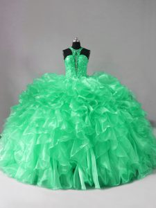 Sleeveless Organza Brush Train Lace Up Sweet 16 Dress in Green with Beading and Ruffles