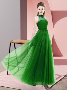 Captivating Floor Length Green Quinceanera Court of Honor Dress Halter Top Sleeveless Lace Up