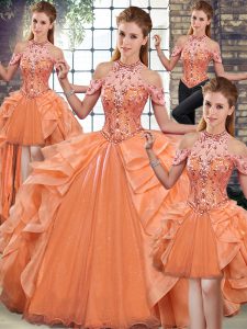 Orange Sweet 16 Quinceanera Dress Military Ball and Sweet 16 and Quinceanera with Beading and Ruffles Halter Top Sleeveless Lace Up