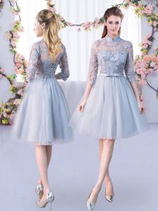 Grey Empire Tulle High-neck Half Sleeves Lace and Belt Knee Length Lace Up Quinceanera Court Dresses