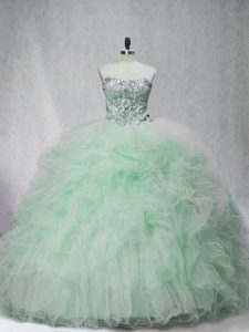 Unique Sleeveless Beading and Ruffles Lace Up Quinceanera Gowns with Apple Green Brush Train