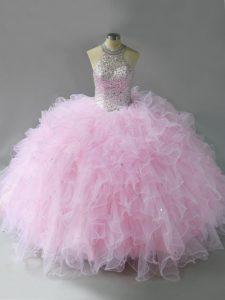 Simple Tulle Halter Top Sleeveless Lace Up Beading and Ruffles Quinceanera Dress in Pink